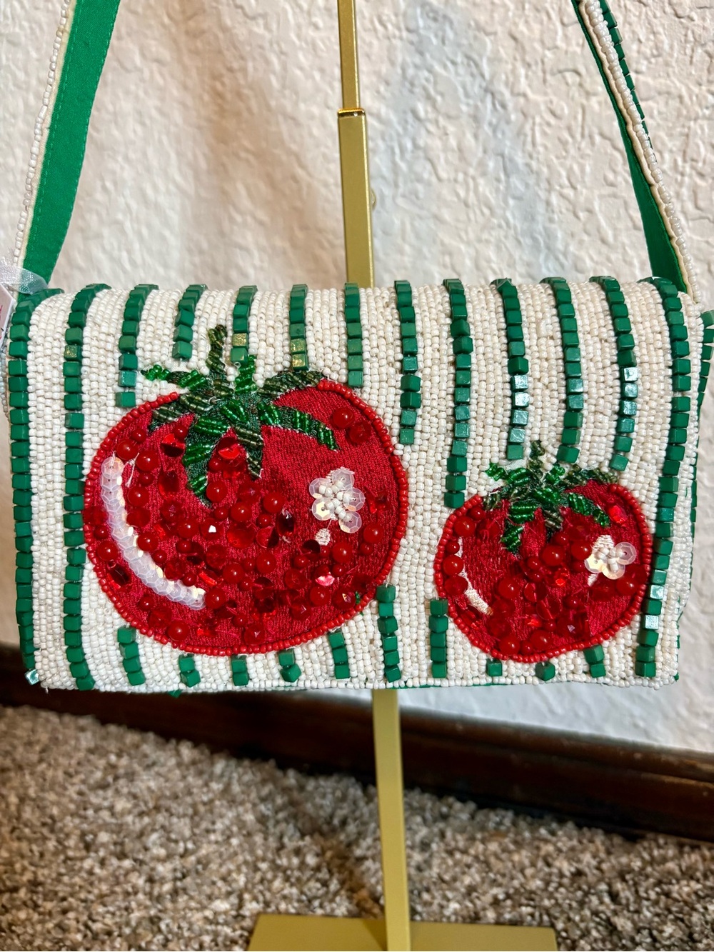 Green and White Tomato Beaded Bag- Made in India